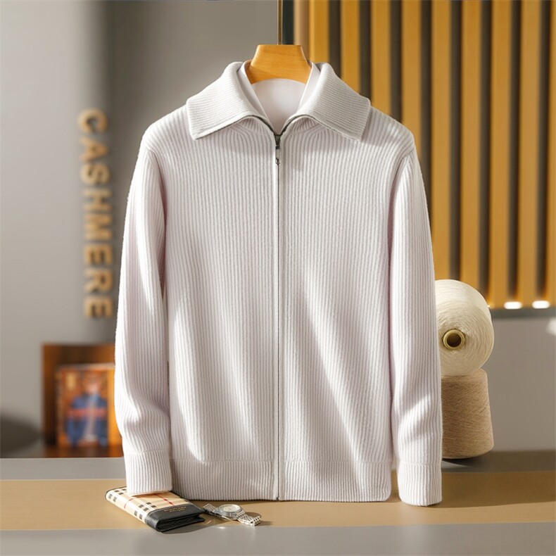 秋季翻领长袖高克重加厚双层螺纹袖口下摆元宝针开衫羊绒男装，男装羊绒开衫，羿博羊绒
