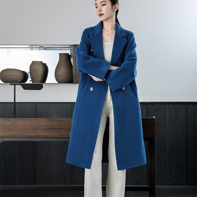 2024经典款801驼色羊毛双排扣大衣女秋冬中长款毛呢外套,女装双面呢大衣,爱绒人羊绒大衣工厂店