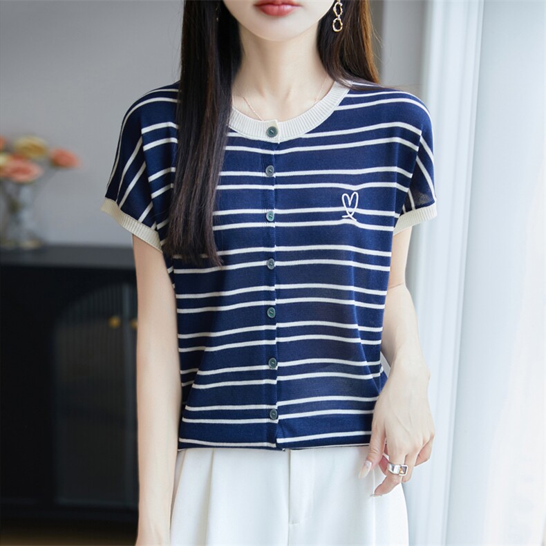 夏季100%天丝针织短袖T恤女圆领条纹爱心刺绣上衣宽松半袖打底衫,女装T恤,源达羊绒
