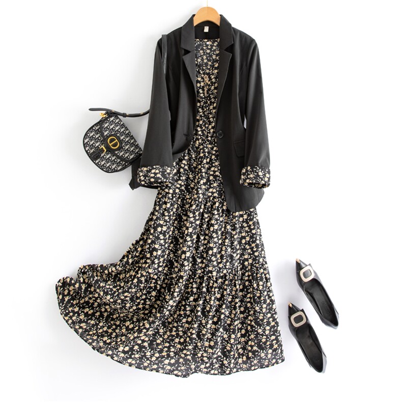 现货秒发2023春秋装新款韩版小西装外套碎花连衣裙两件套套装图片