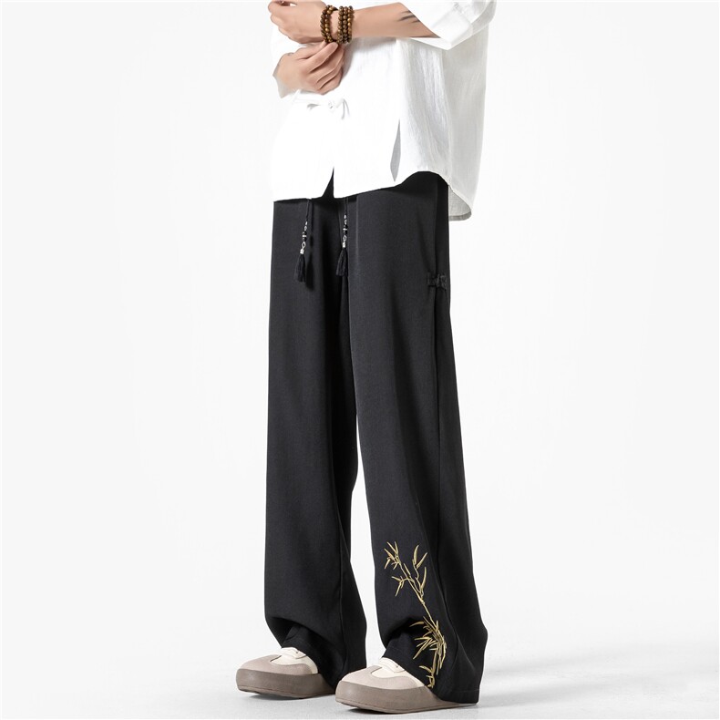 新中式国风竹子刺绣冰丝裤子男2024新款春季国潮宽松直筒休闲长裤，男装休闲裤，电商B315