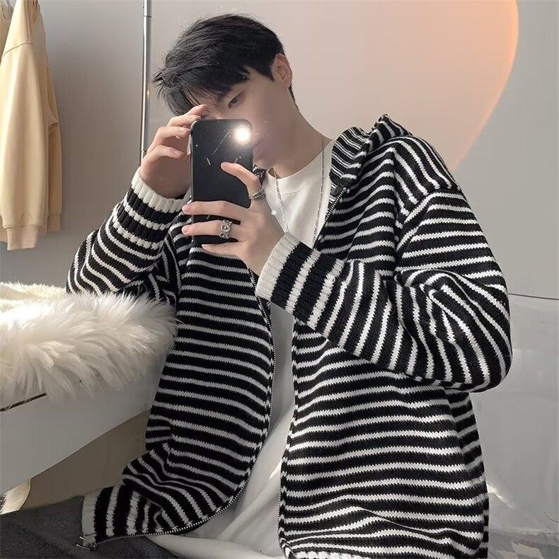 M292时尚撞色条纹带帽毛衣男新款宽松针织开衫拉链外套上衣,男装针织衫/毛衣,星座308A-1（原309B-1）
