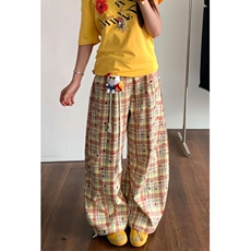 撞色格子弯刀休闲裤女夏季宽松阔腿裤高腰垂感拖地裤KXQ1275，男装休闲裤，星座1116A（原606A-3）
