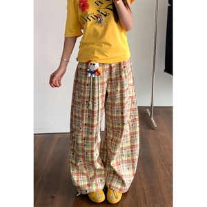 撞色格子弯刀休闲裤女夏季宽松阔腿裤高腰垂感拖地裤 KXQ1275图片