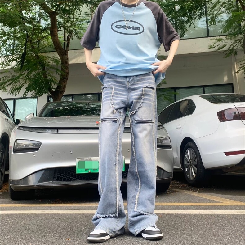 美式复古毛边直筒牛仔裤女拉链设计感高街高腰显瘦BK61-P70,男装牛仔裤,星座1109-3