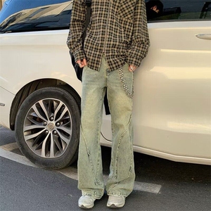 美式复古泥黄微喇牛仔裤男春vibe潮牌解构宽松直筒长裤RK2547-P67图片