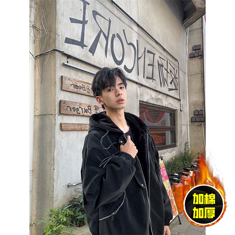 现货高品质美式高街重磅座山雕连帽pu皮棉衣男女加厚毛毛绒冬外套,男装皮衣,电商A486-1