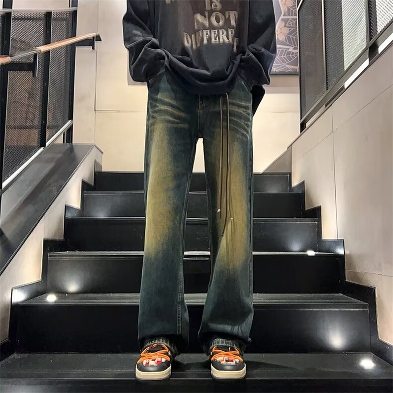 美式高街vibe做旧黄泥染水洗牛仔裤男女潮ins直筒微喇裤子-X552,男装牛仔裤,星座601-2