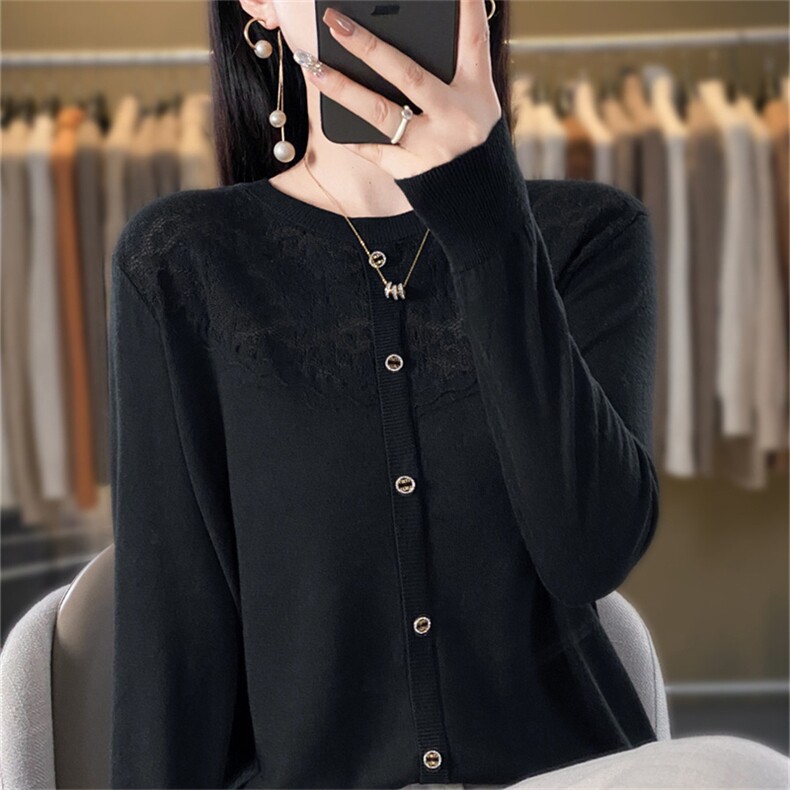 优雅黑色仿羊毛开衫女秋季新款显瘦长袖针织衫气质百搭外套，女装针织衫/毛衣，暖姿羊绒