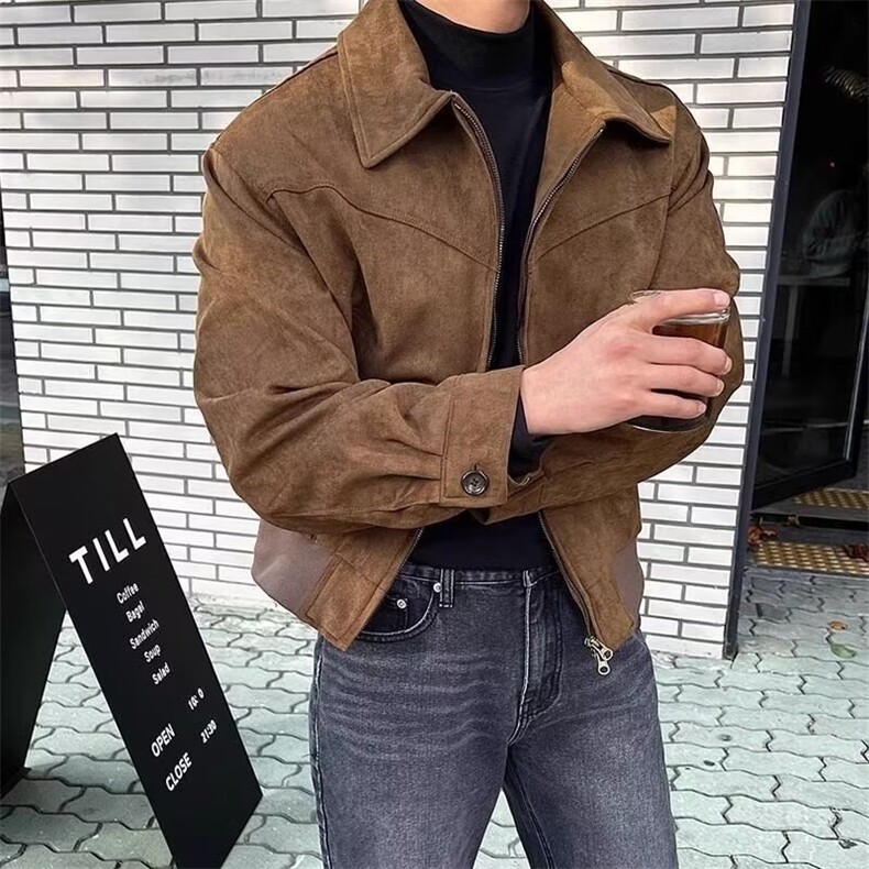 阿美咔叽高级感美式复古加绒加厚男士秋冬短款飞行夹克麂皮绒外套,男装夹克,星座813-2