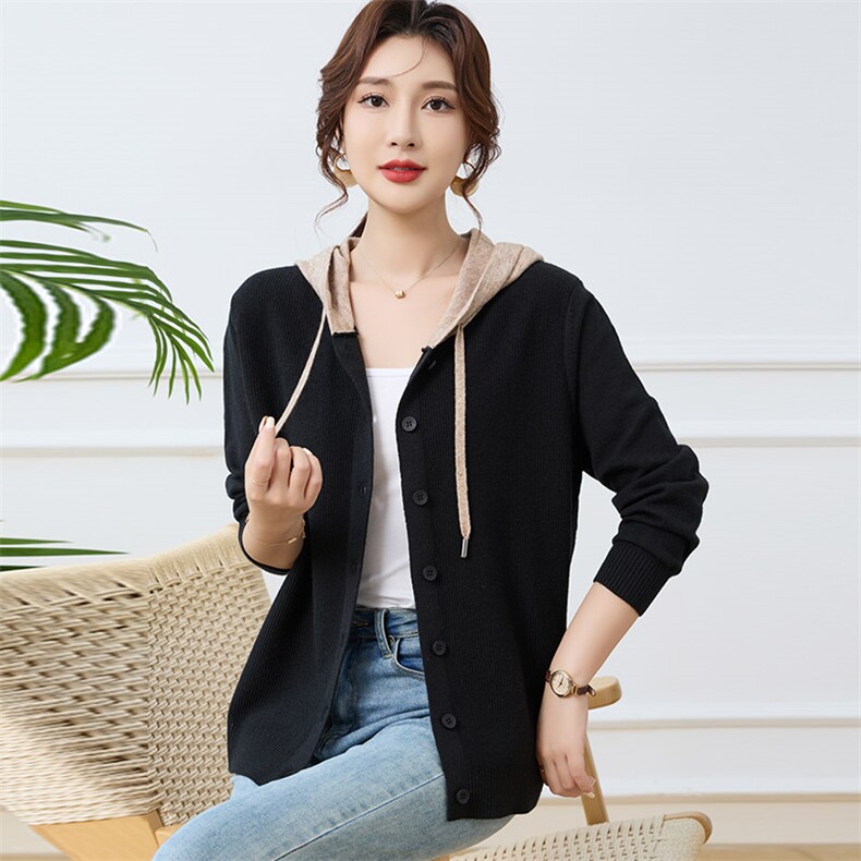 时尚女士秋冬拼色帽衫系扣开衫显瘦百搭针织衫外套，女装针织衫/毛衣，秋虹羊绒