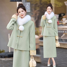 芷墨2025年冬季新款双面呢外套半身裙两件套装裙新中式盘扣套装，女装套装/套裙，芷墨服饰