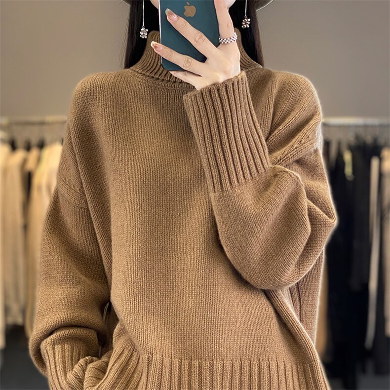 高领毛衣女洋气时尚百搭羊毛衫秋冬季宽松纯色简约,女装羊毛衫,琳华羊绒