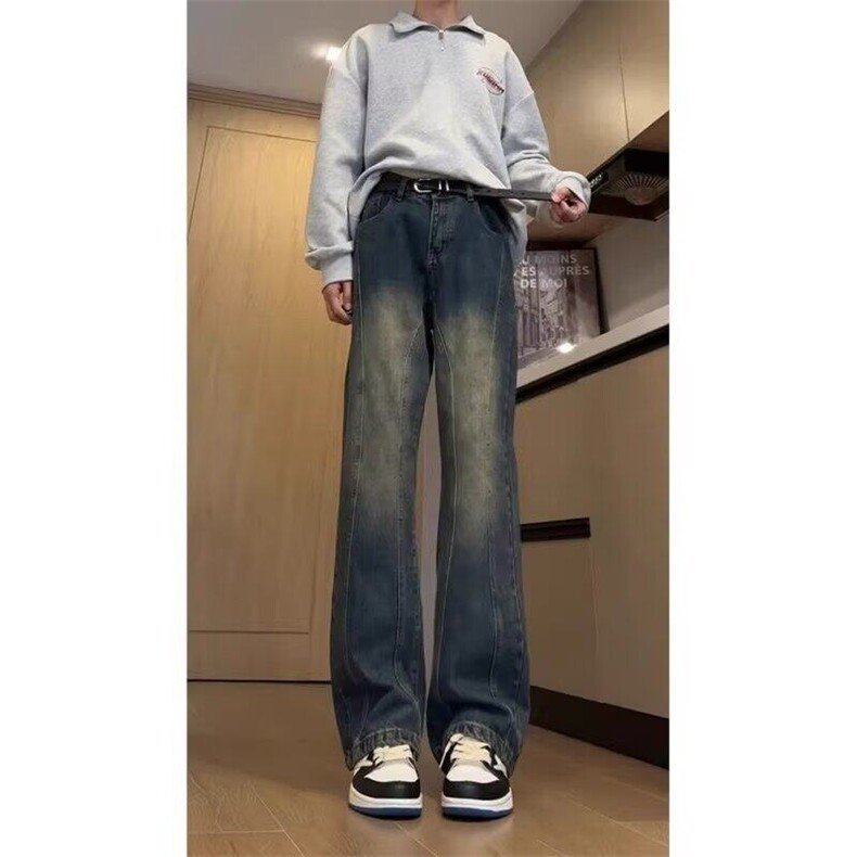 拼接复古牛仔裤男美式痞帅高级感加长高个子弯刀微喇裤L8044-P48，男装牛仔裤，星座1008