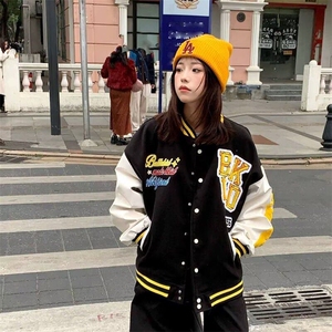 潮牌美式复古撞色棒球服外套女春季2025新款情侣宽松飞行员夹克图片