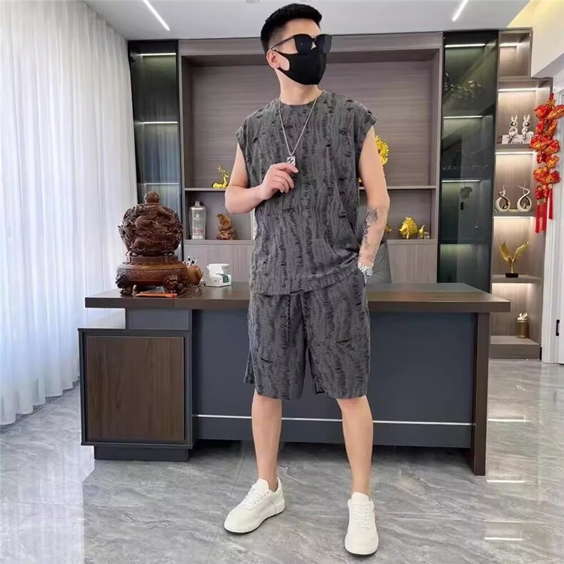 高端镂空背心男夏季薄款潮牌痞帅坎肩t恤美式休闲短裤运动两件套，男装牛仔裤，星座506A