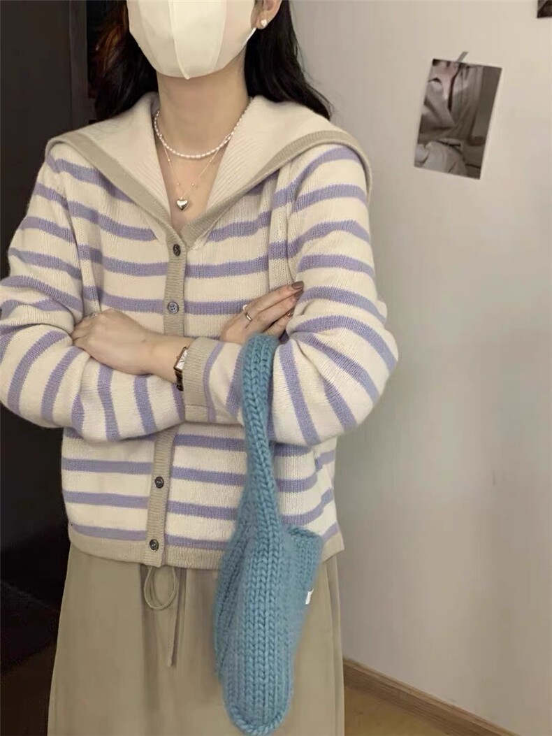 条纹毛衣女秋冬2024新款宽松慵懒风针织衫长袖上衣,女装羊毛衫,思途羊绒