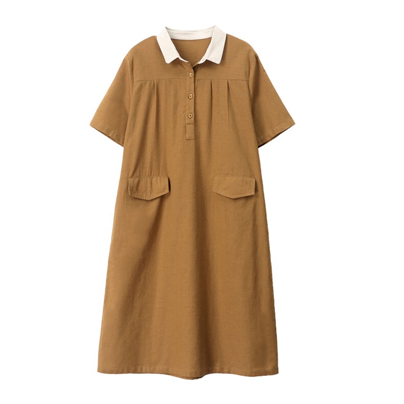 翻领棉麻中长款衬衫裙女夏季新款短袖裙子宽松显瘦气质遮肉连衣裙,女装连衣裙,阿丹