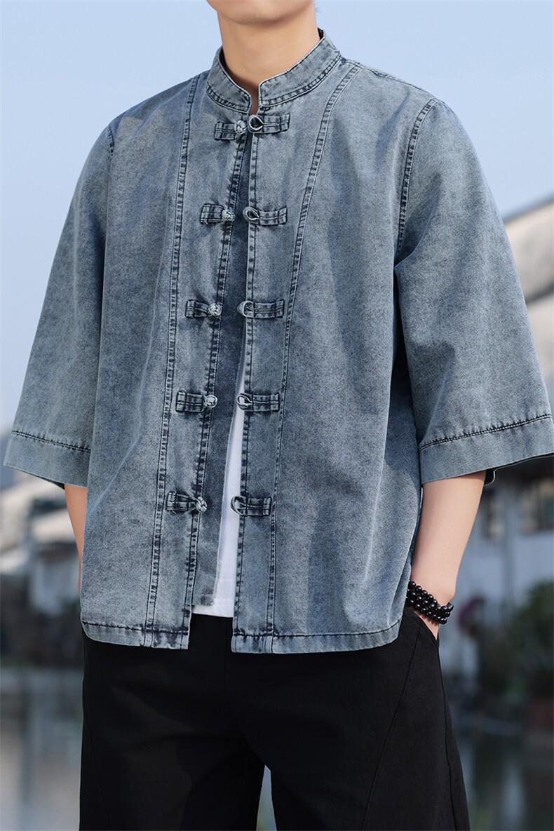 夏季牛仔七分袖衬衫盘扣立领上衣宽松大码男休闲CS2504-P7088,男装衬衫,电商A008