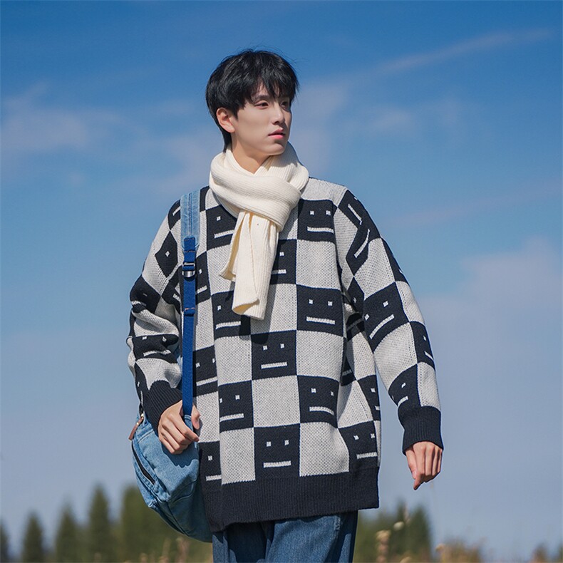 B299-M833笑脸格子针织日系港风毛衣P58X88（大货已入仓），男装针织衫/毛衣，电商B299-1
