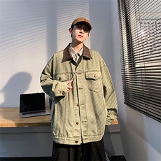 美式高街牛仔外套男韩版潮流拼皮帅气2023秋冬ins外套W5025-P67，男装大码男装，星座412-2