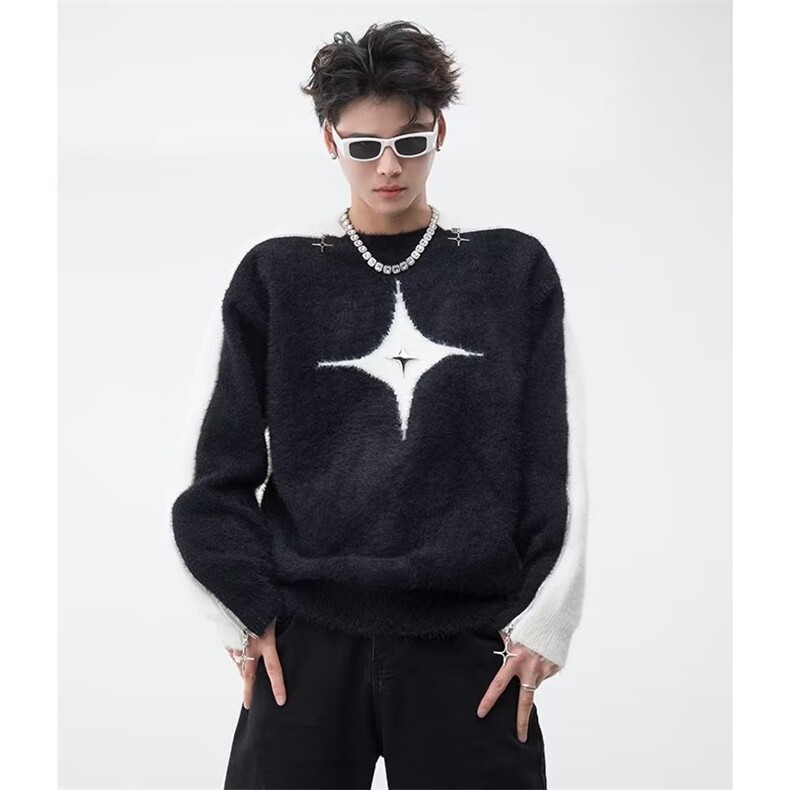 秋冬新款撞色镂空星星设计辣妹露肩毛衣男软糯水貂毛上CM132-P70,男装针织衫/毛衣,星座1109-3