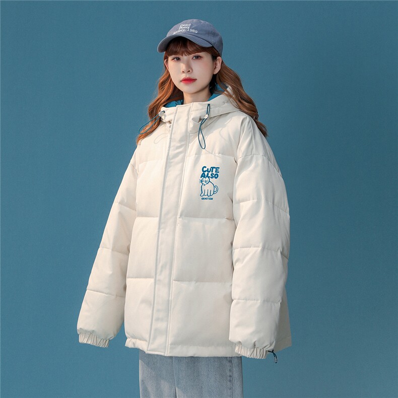 中性风22冬季新品小猫印花连帽面包服棉服宽松棉衣MY152P115控148,男装棉衣,A247A