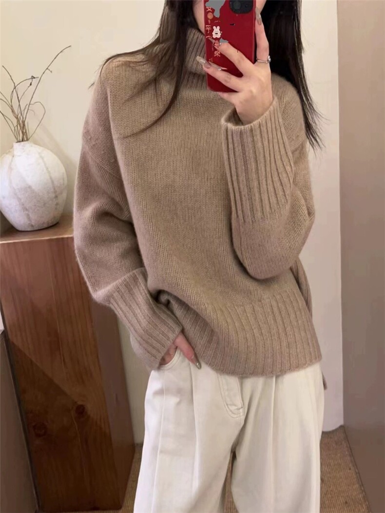 高领羊毛衫女宽松加厚慵懒风打底针织廓形毛衣,女装羊毛衫,思途羊绒