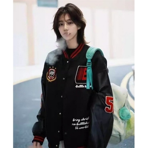 印花春秋徽章拼接皮袖男女情侣撞色棒球服外套潮宽松夹克J835