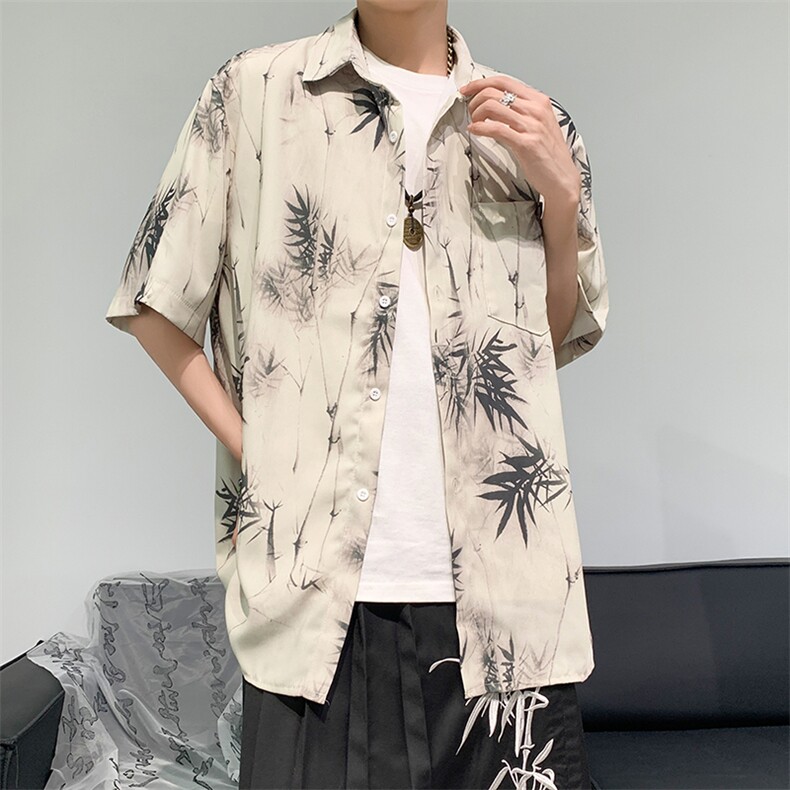 风面料短袖衬衫短袖衬衫男设计感五分袖冰丝花衬衣外套 CJ01图片