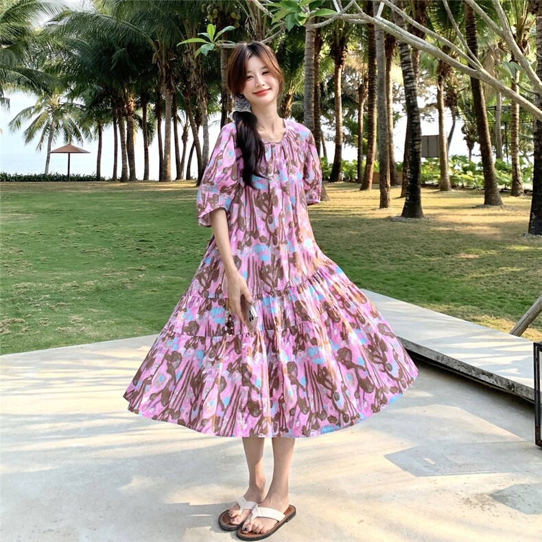 温柔风高级感法式印花茶歇裙夏季新款森系甜美小个子气质连衣裙女,女装连衣裙,2C217