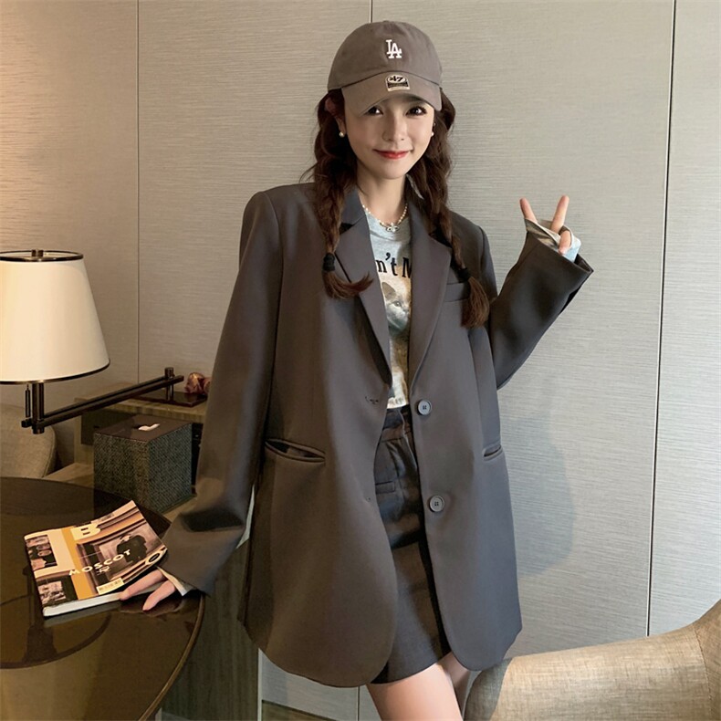 灰色后开叉小众设计感西装外套女2023春秋新款韩系小个子宽松西服,女装西装,菡迪欧娜