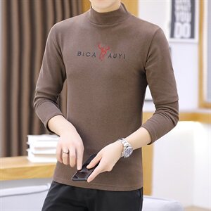 冬季半高领双面绒刺绣小鹿卫衣男加绒加厚保暖打底衫长袖黄335P28图片
