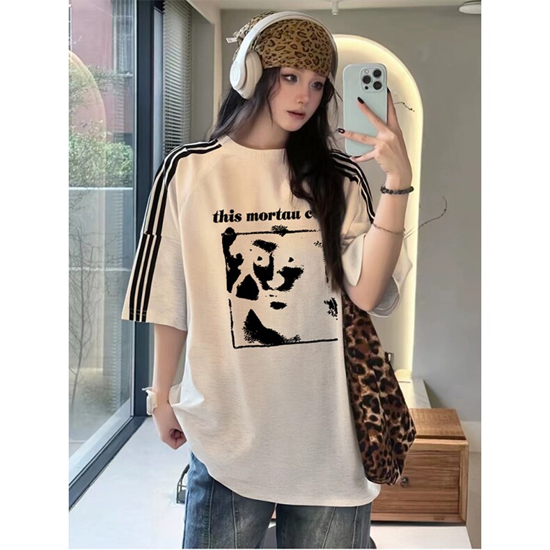 抖音得物品质二开240克宽松纯棉美式潮牌印花三条杠中性风短袖T恤,男装T恤,电商A486