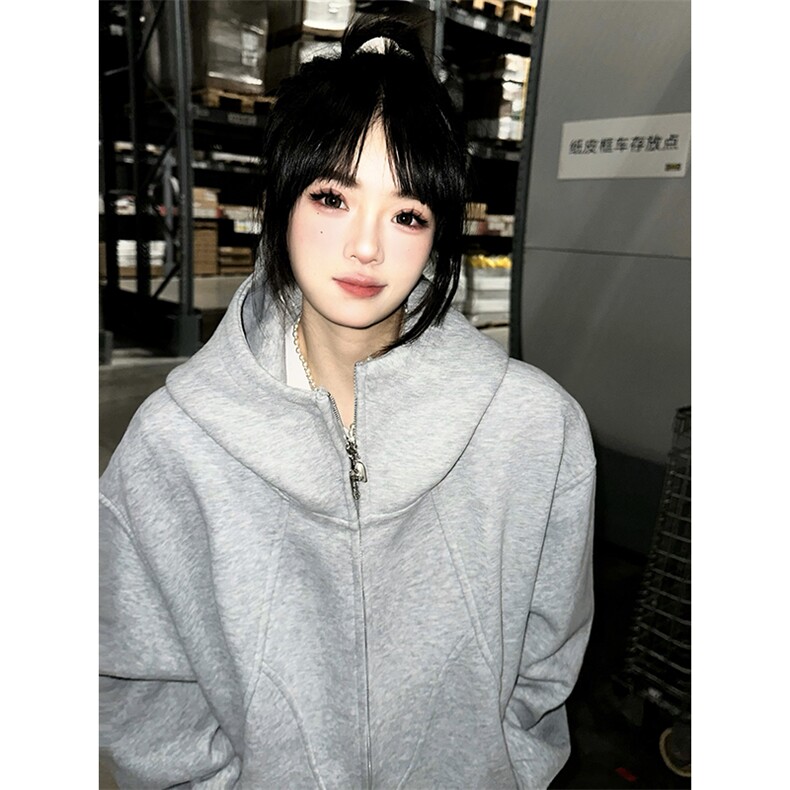 抖音得物高品质二开26春装美式高街重磅结构高领连帽卫衣外套W62,女装短外套,电商A486