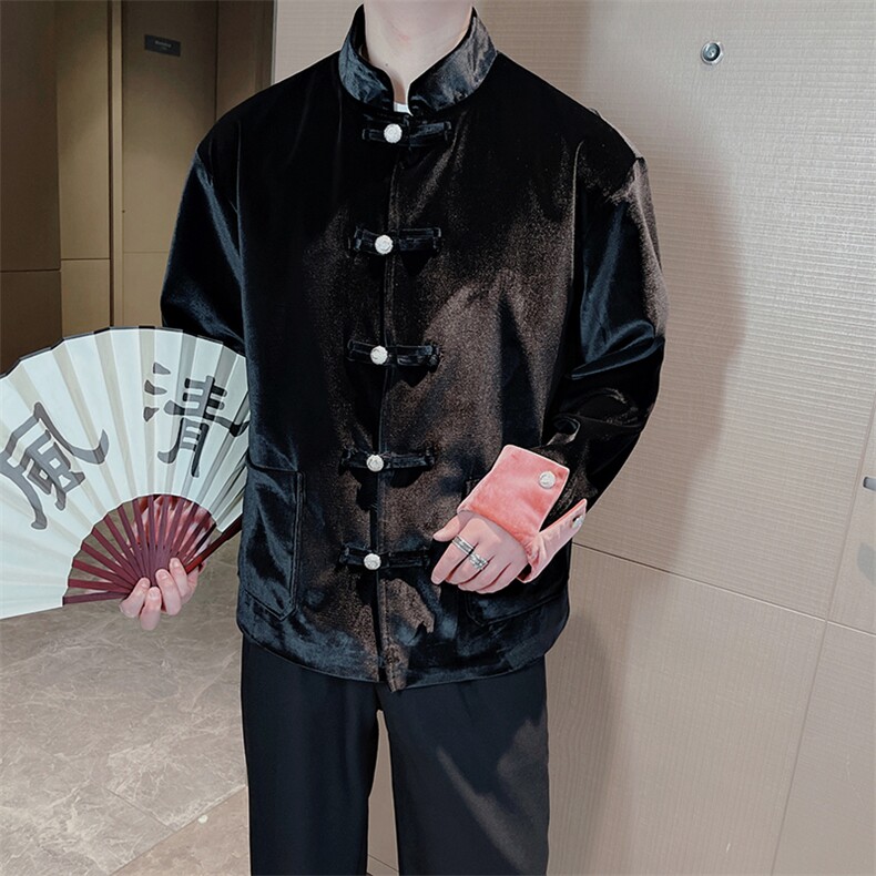 抖音新中式丝绒唐装外套男金属盘扣立领西装时尚夹克0077P140,男装夹克,电商B267