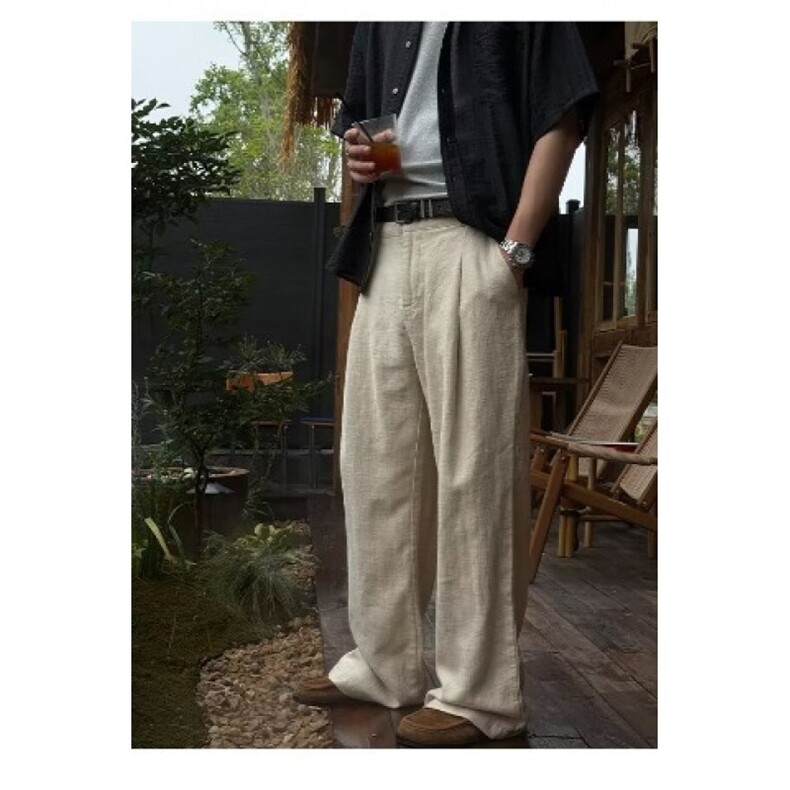 W10204-P50网图现货潮流慵懒新款老钱风亚麻裤子流行日系直筒裤，男装休闲裤，星座1608