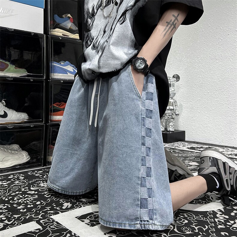 棋盘格拼接牛仔短裤男夏季美式高街小众宽松休闲五分裤K3377-P33,男装牛仔裤,星座512-2