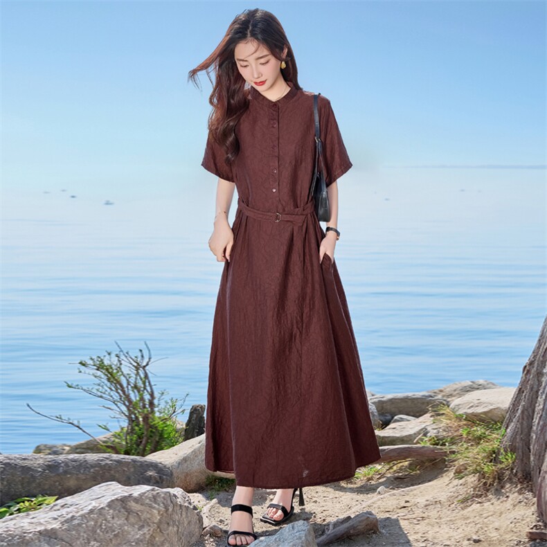 天丝连衣裙女夏季2025新款高端洋气时尚系带收腰显瘦气质复古裙子,女装连衣裙,缘衣格
