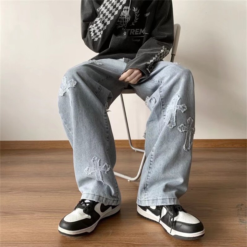 高街美式vibe风裤子男女ins潮牌牛仔裤男夏季宽松阔腿裤K1247-P45,男装牛仔裤,星座412-3