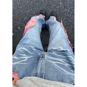 新款美式潮牌贴布拼接牛仔裤男款设计感宽松百搭休闲直筒裤图片