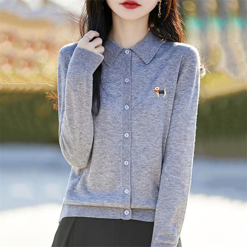 POLO领条纹刺绣精仿羊毛长袖开衫2025秋冬新款宽松百搭上衣外套，女装针织衫/毛衣，萱芳婷羊绒