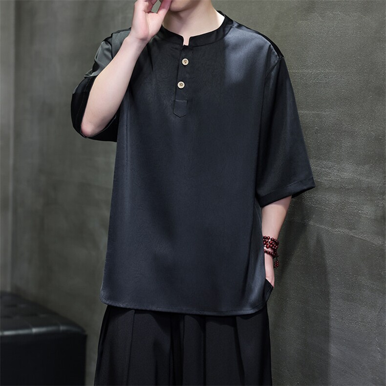 夏季新款缎面立领短袖风新中式五分袖花纹半袖大码T恤T815P55,男装T恤,电商A021A
