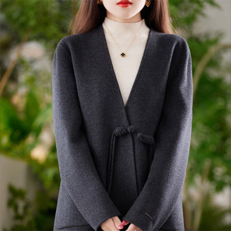 新中式女装穿搭2025秋冬新款盘扣纯羊毛呢外套女国风双面羊绒大衣，女装双面呢大衣，赛欧妮