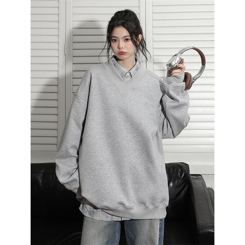 中性秋装新品美式设计感大V领重磅情侣卫衣外套上衣女D364P58,女装短外套,电商A335-1（原A458）