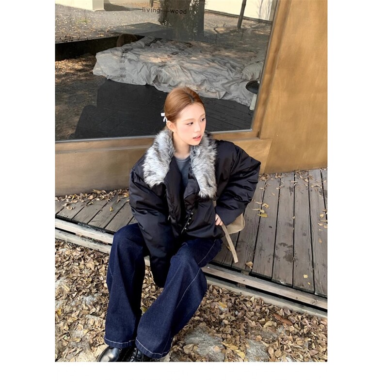 橘子树在哪儿美式复古毛领皮扣棉服女秋冬高级感宽松保暖外套上衣,男装棉衣,星座506A