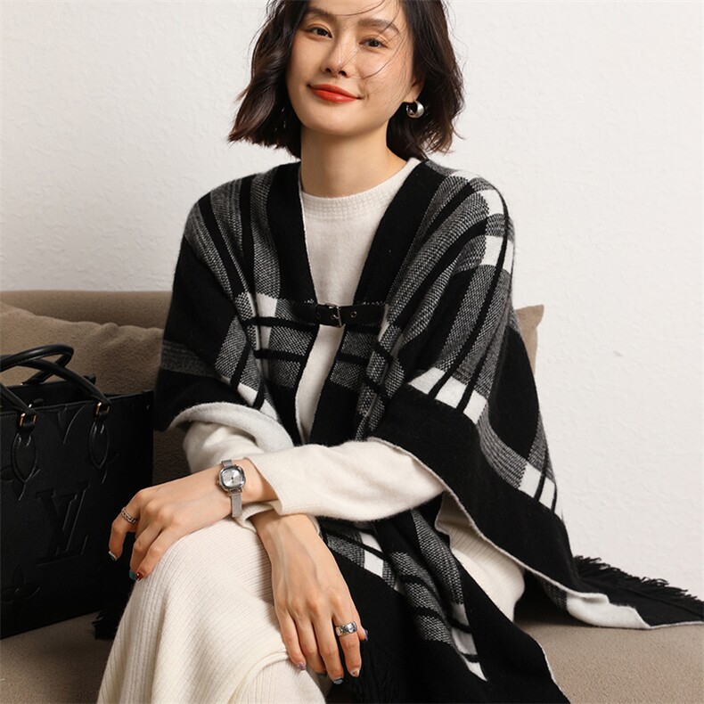 四季可穿山羊绒斗篷披风女可穿流苏格子外搭披肩,饰品披肩,五色羊羊绒