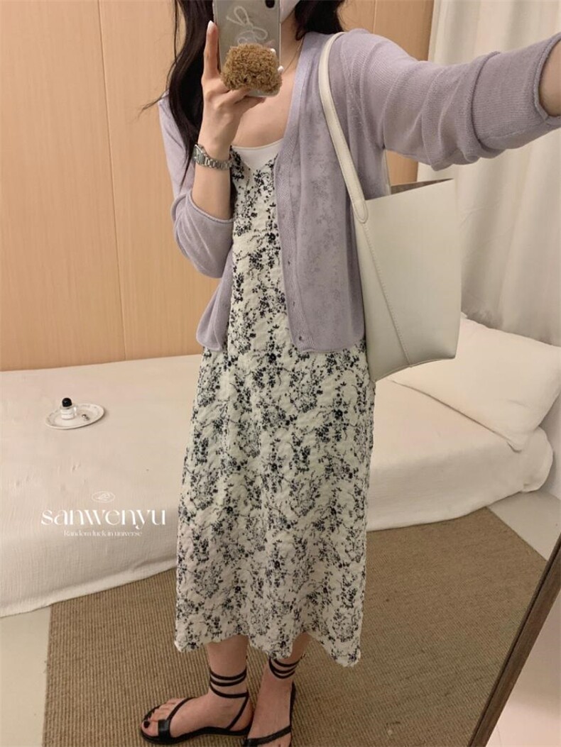 夏季新款碎花吊带裙?针织开衫，女装背心吊带，三文鱼