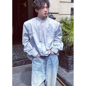 小众解构立体压褶长袖飘带设计感衬衫男宽松慵懒贵气开衫 C327图片