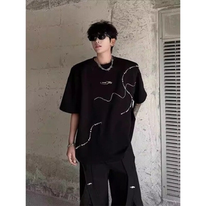 新款！手工钉珠T恤顶男夏季高级感穿搭宽松百搭上衣潮 TW162图片